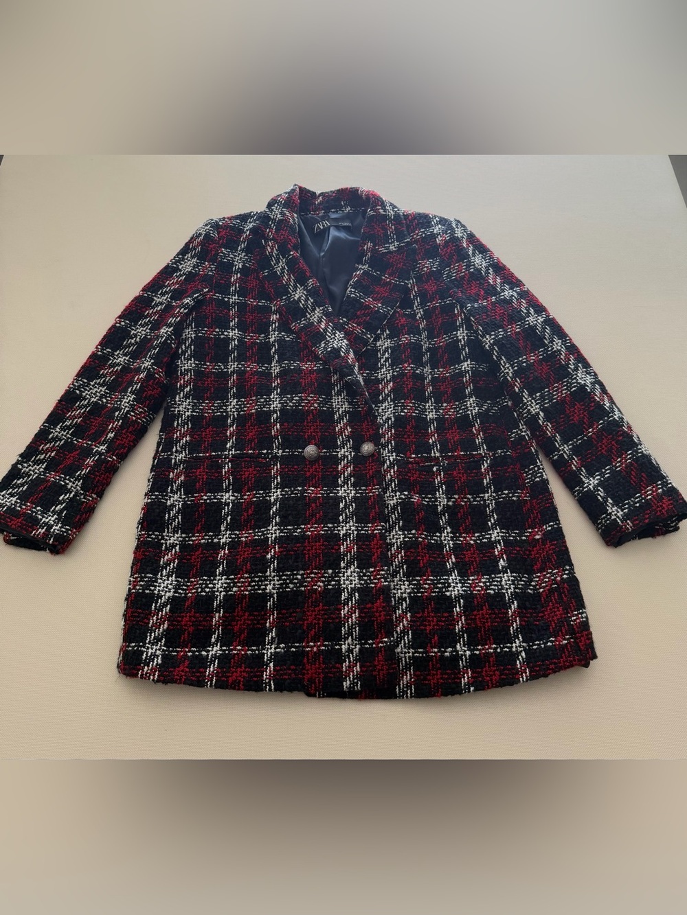 Zara Red, Black & White Plaid Double-Breasted Blazer Coat